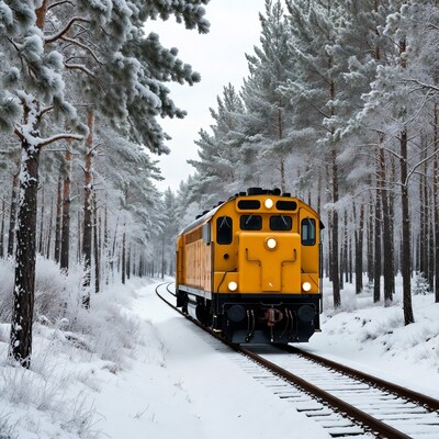 Yellow train in snowy forest