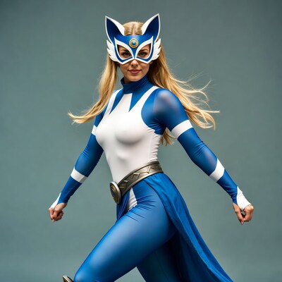 Woman in Blue Superhero Costume