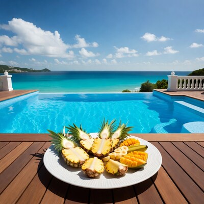Tropical fruit plate by infinity pool