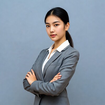 Asian woman in gray suit