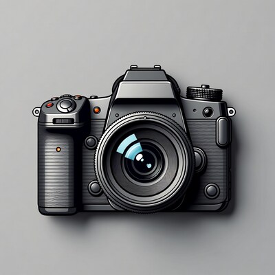 Black DSLR camera on gray background