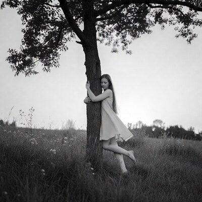 Girl leaning against tree