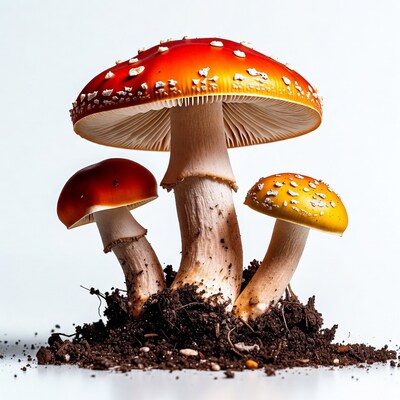 Red and yellow mushrooms in soil