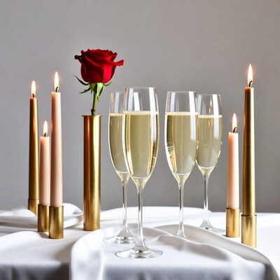 Champagne glasses with red rose and candles