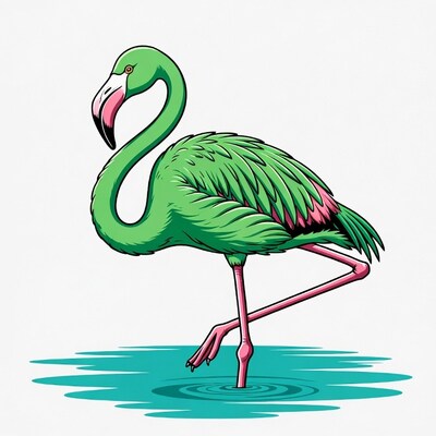 Green Flamingo Standing in Water