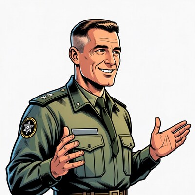 Smiling military officer gesturing