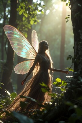 Fairy with glowing wings in forest