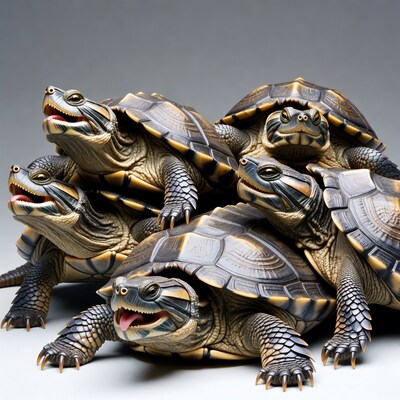 Group of turtles with open mouths