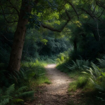 Forest path with sunlight
