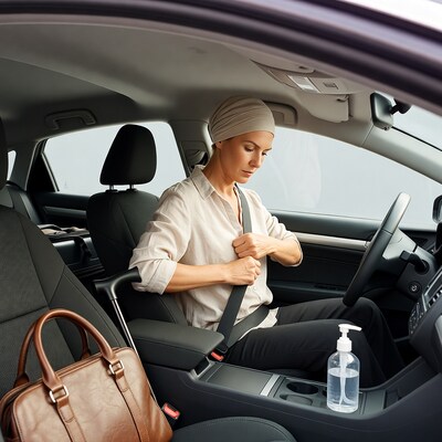 Woman fastening seatbelt in car