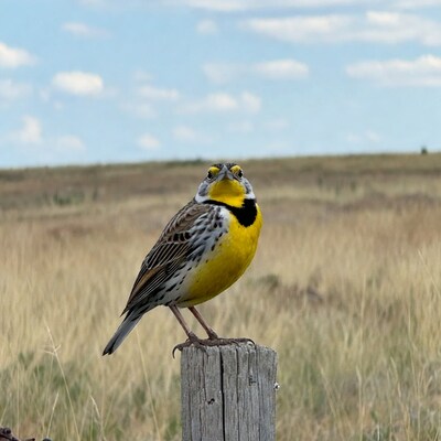 Yellow bird on wooden post