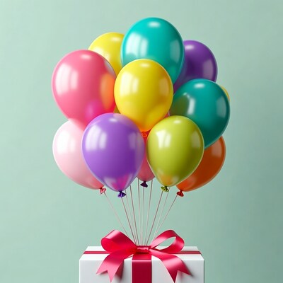 Colorful balloons tied to gift box