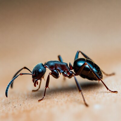 Black ant on wooden surface