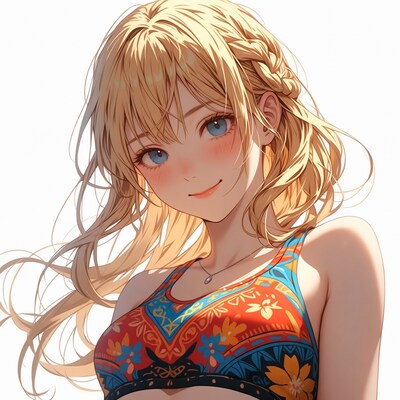 Blonde woman in colorful swimsuit