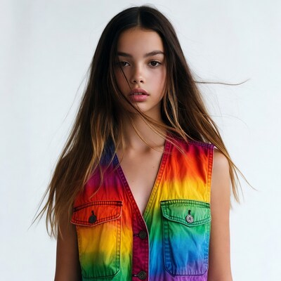 Young woman in rainbow vest