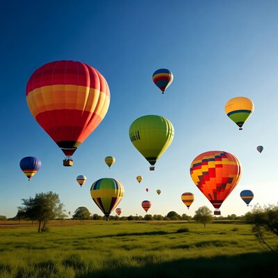 Colorful hot air balloons over field