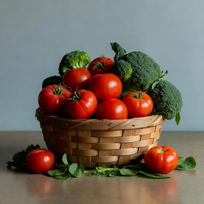 Basket of tomatoes and broccoli