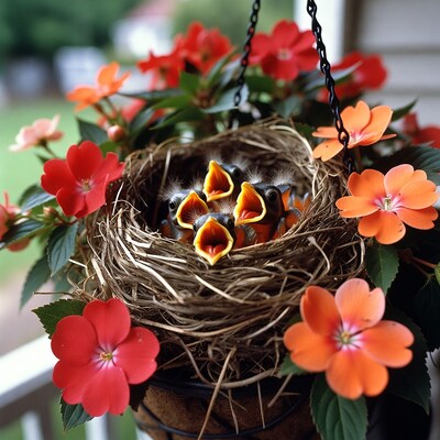 Baby birds in hanging flower basket