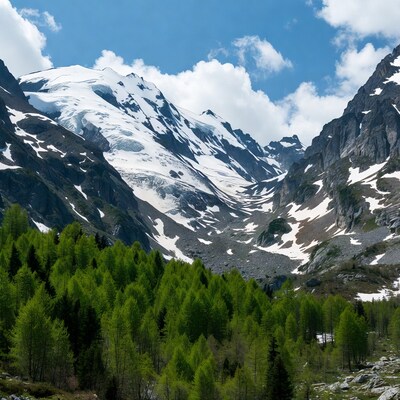 Snowy mountain valley with green forest