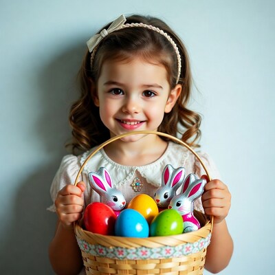 Girl holding Easter basket with eggs