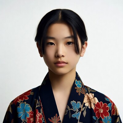 Young Asian woman in floral kimono