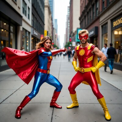 Superheroes posing on city street