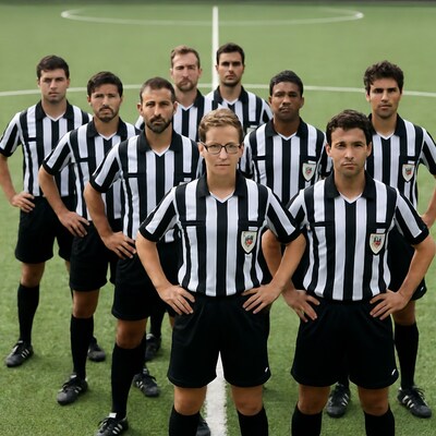 Group of soccer referees on field
