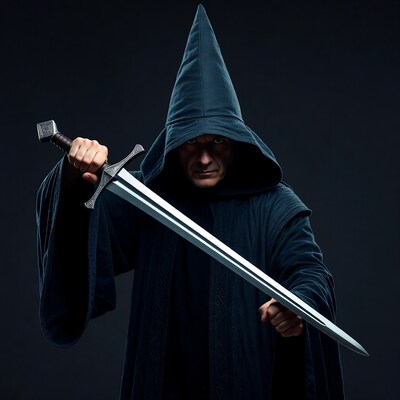 Hooded man holding sword