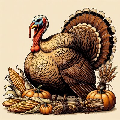 Thanksgiving Turkey with Harvest Corn and Pumpkins