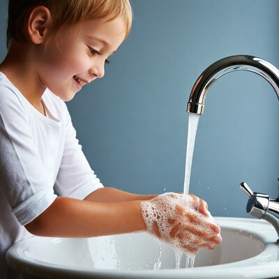 Child washing hands with soap