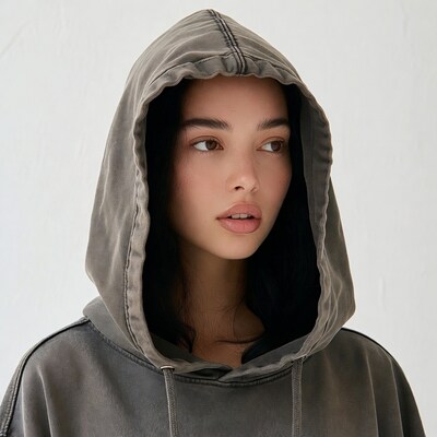 Woman in gray hoodie