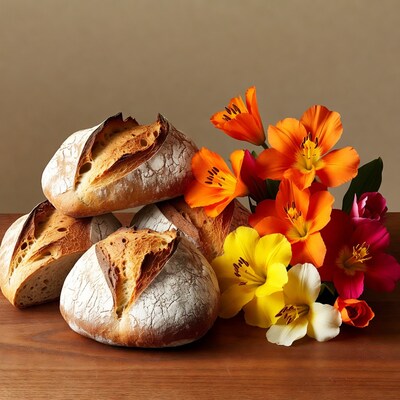 Bread and colorful flowers on table
