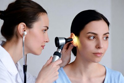 Doctor examining patient ear with otoscope