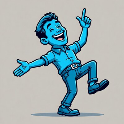Happy blue cartoon man dancing