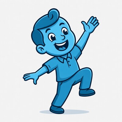 Blue cartoon boy waving happily