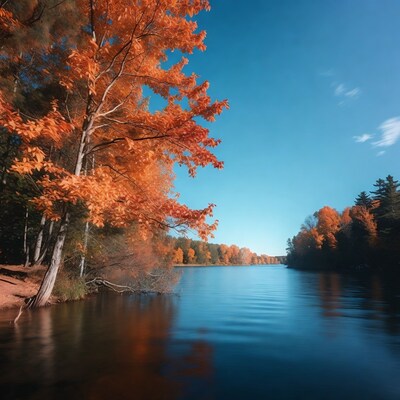 Autumn trees by calm lake