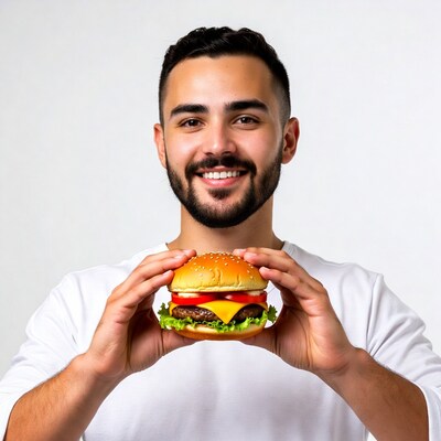 Man holding cheeseburger
