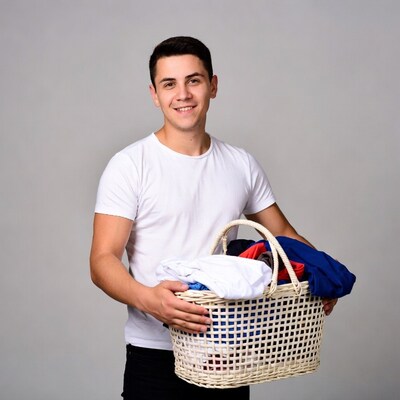 Young man holding laundry basket