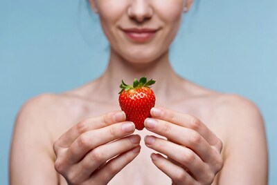 Woman holding fresh strawberry