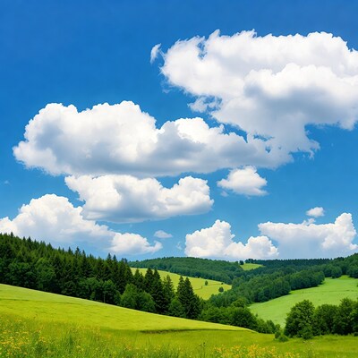 Green hills under blue sky