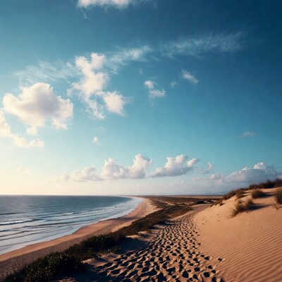 Sandy beach with footprints and ocean view
