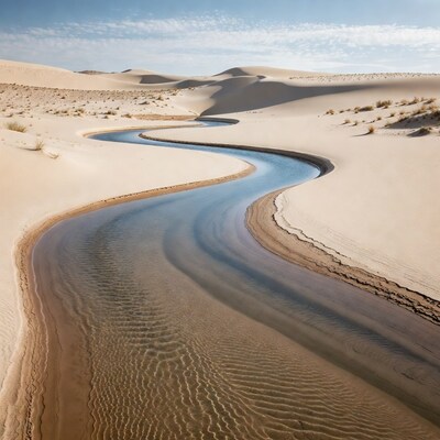 Winding river through desert dunes