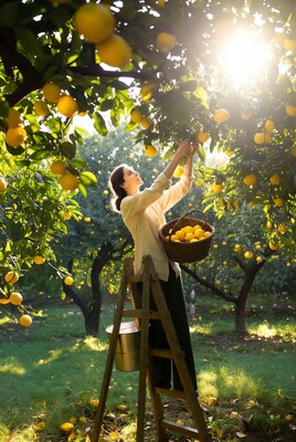 Woman Picking Lemons in Orchard