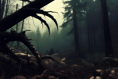 Misty forest with glowing eyes