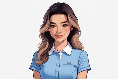 Young woman in blue polo shirt