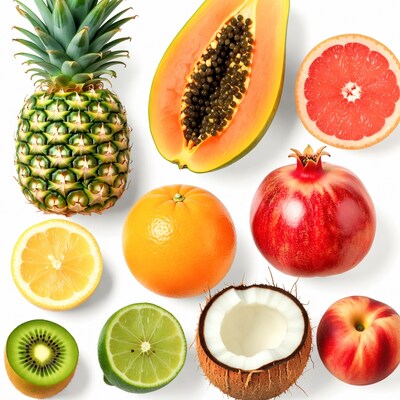 Assorted Tropical Fruits on White