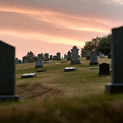 Cemetery at sunset with gravestones