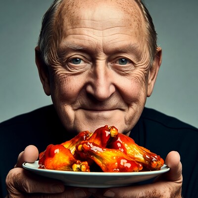 Elderly man holding chicken wings