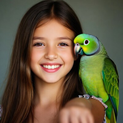 Girl with green parrot on shoulder