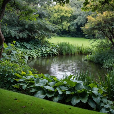 Lush pond in green garden